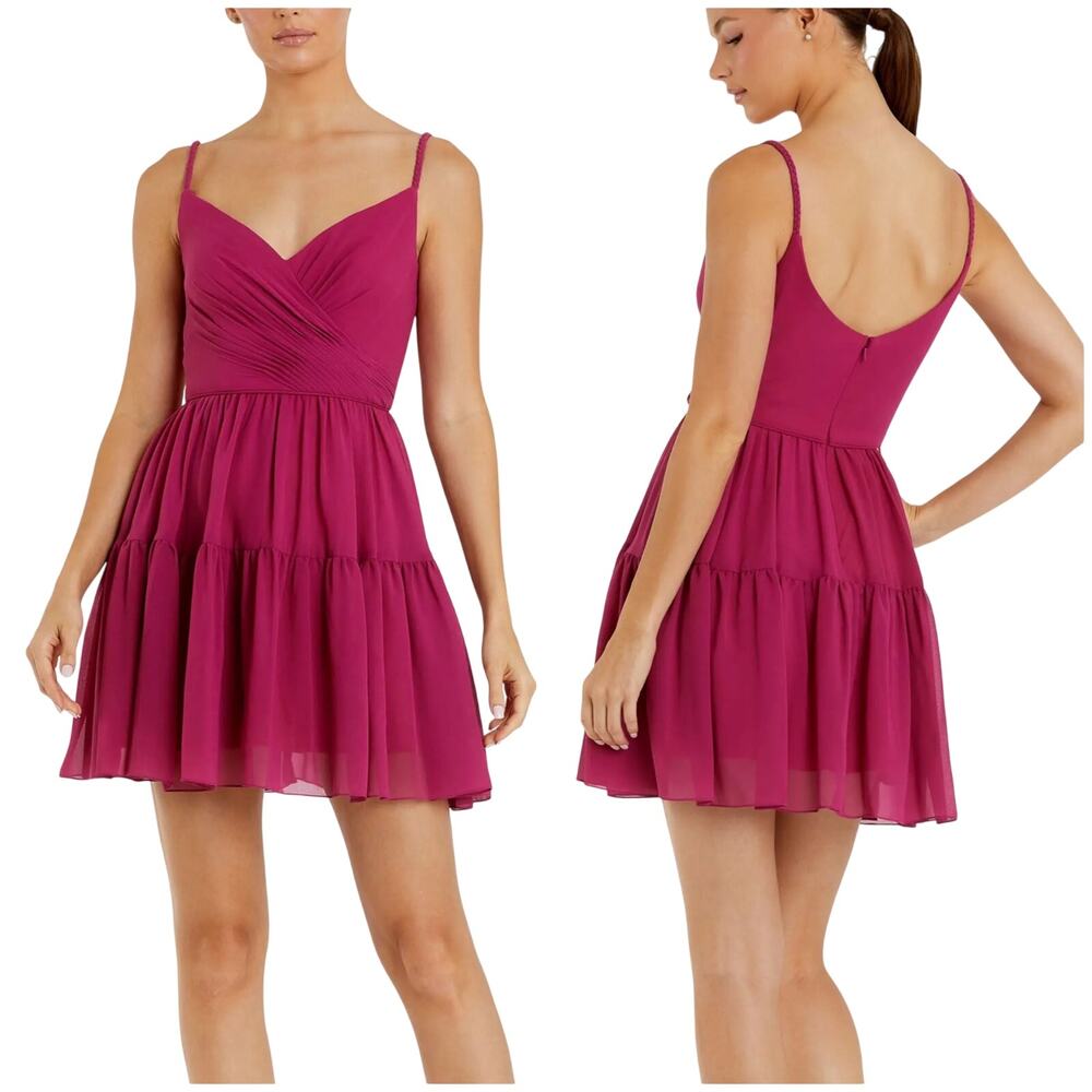 Mac Duggal NWT Pink Chiffon Spaghetti Strap Faux Wrap Dress Braided Strap Sz 10